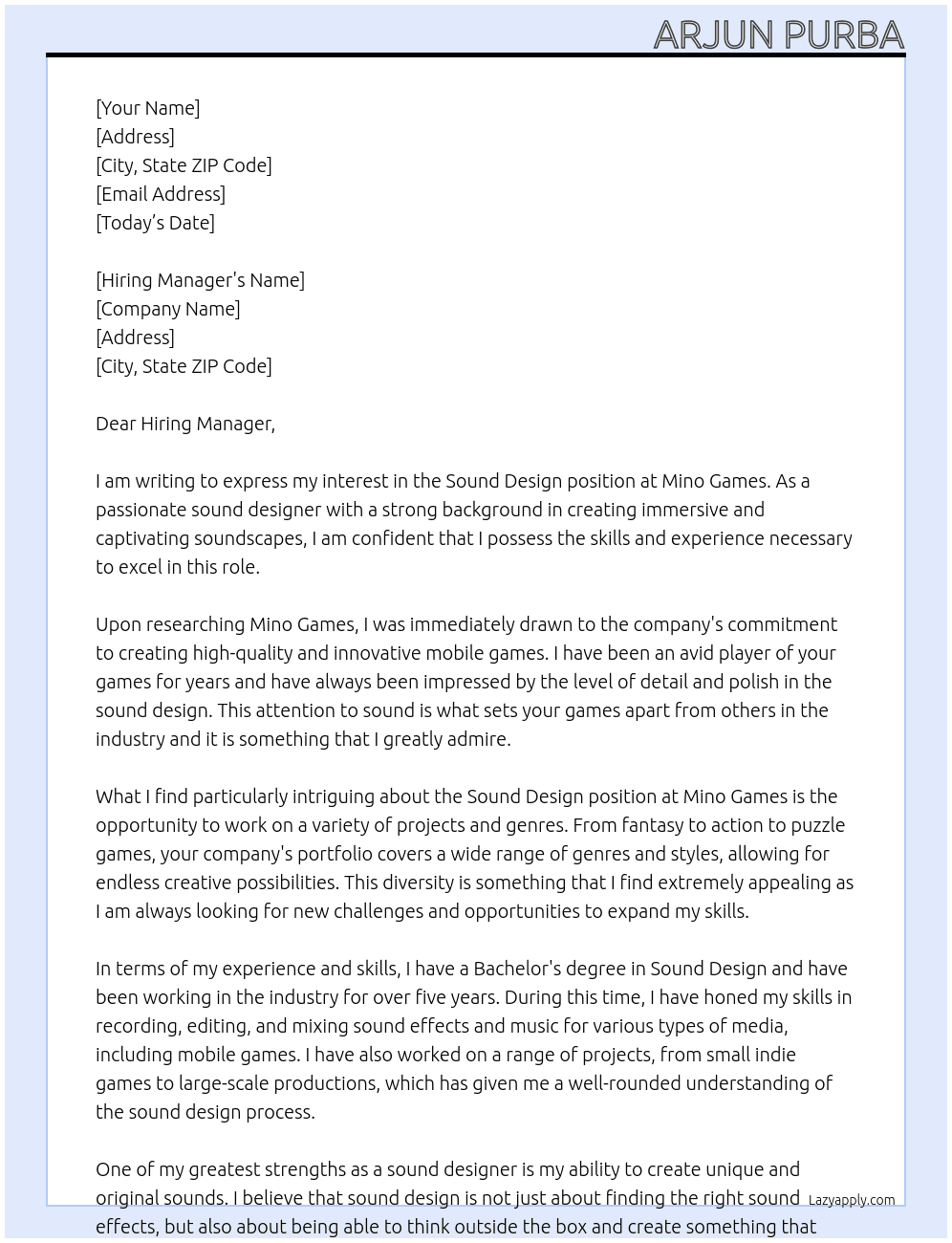 Sound Design At Mino Games Cover Letter