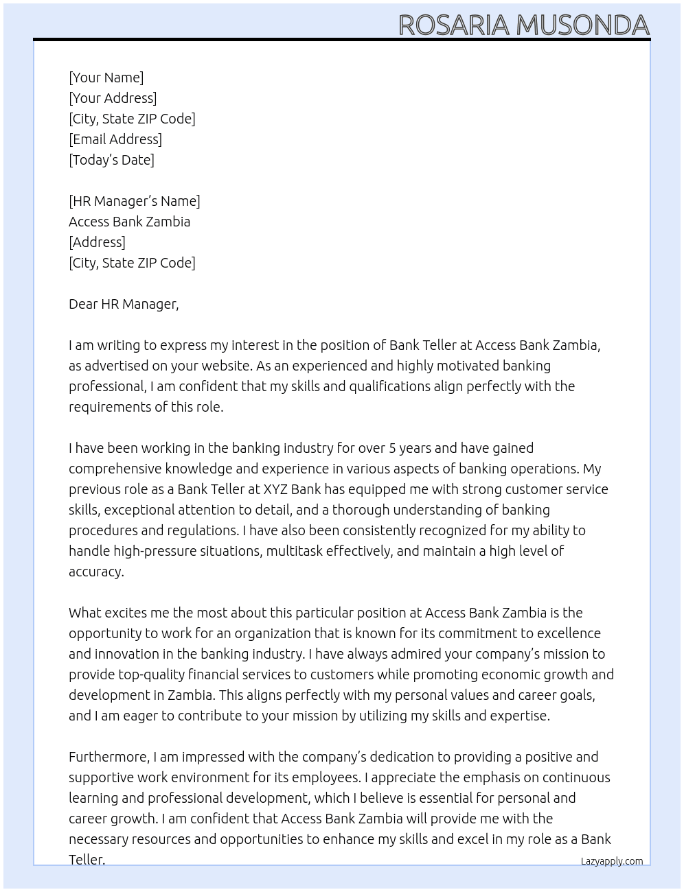 bANK TELLER At ACCESS BANK ZAMBIA Cover Letter