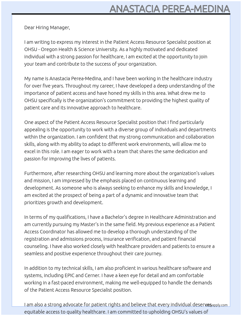 Patient Access Resource Specialist At OHSU - Oregon Health & Science University Cover Letter