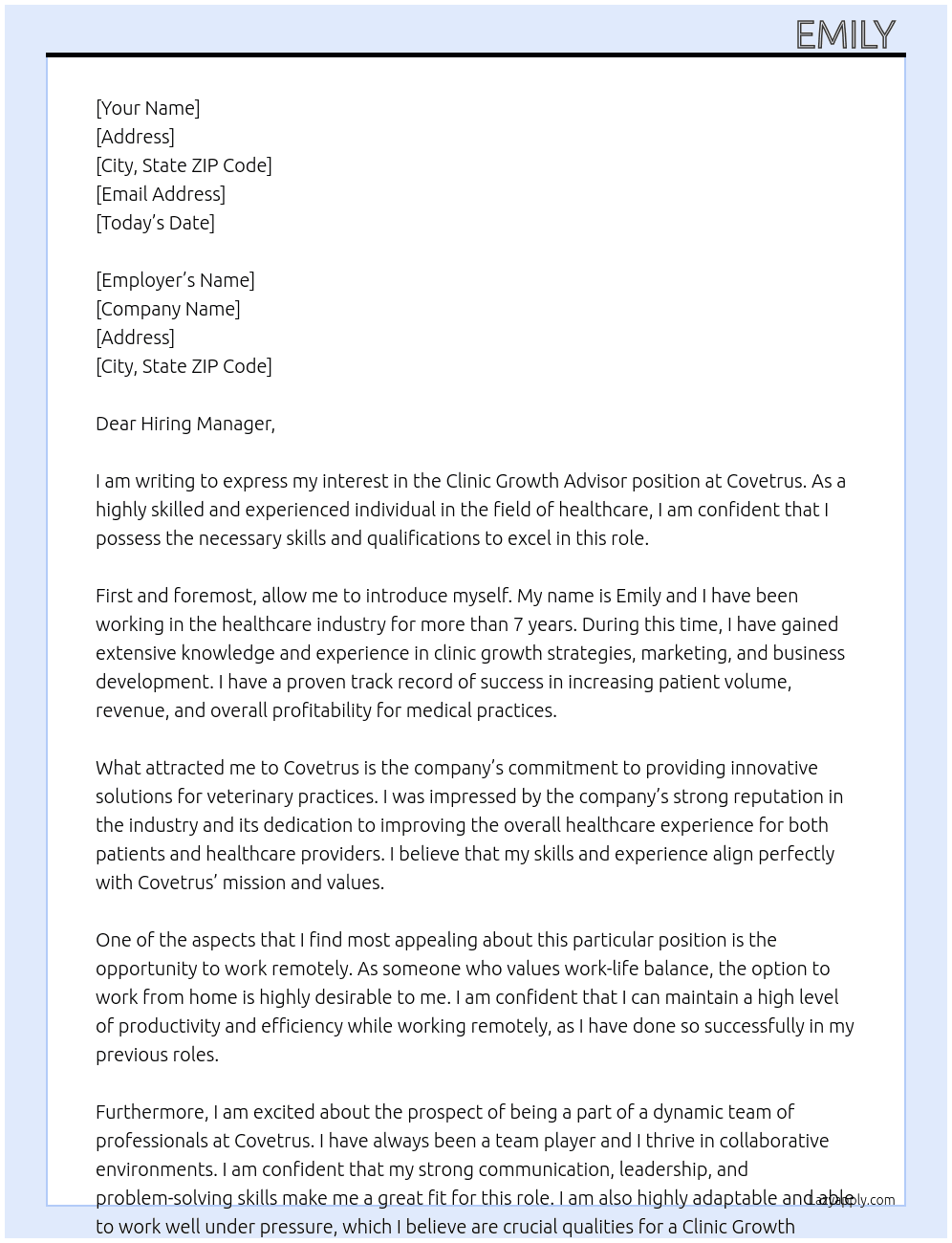 Clinic Growth Advisor At Covetrus Cover Letter