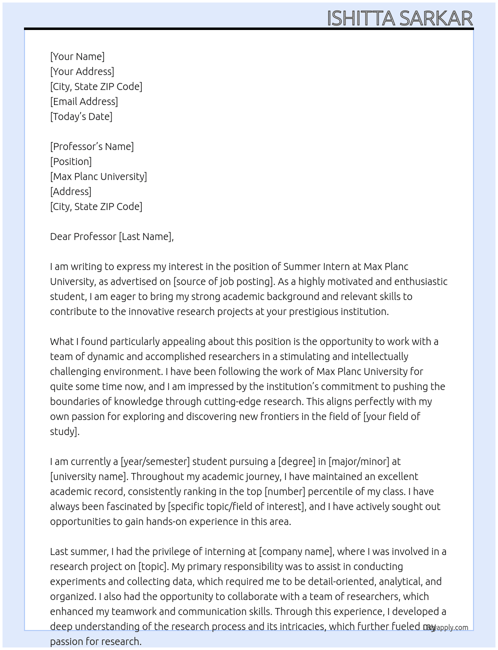 Summer Intern At Max Planc University Cover Letter