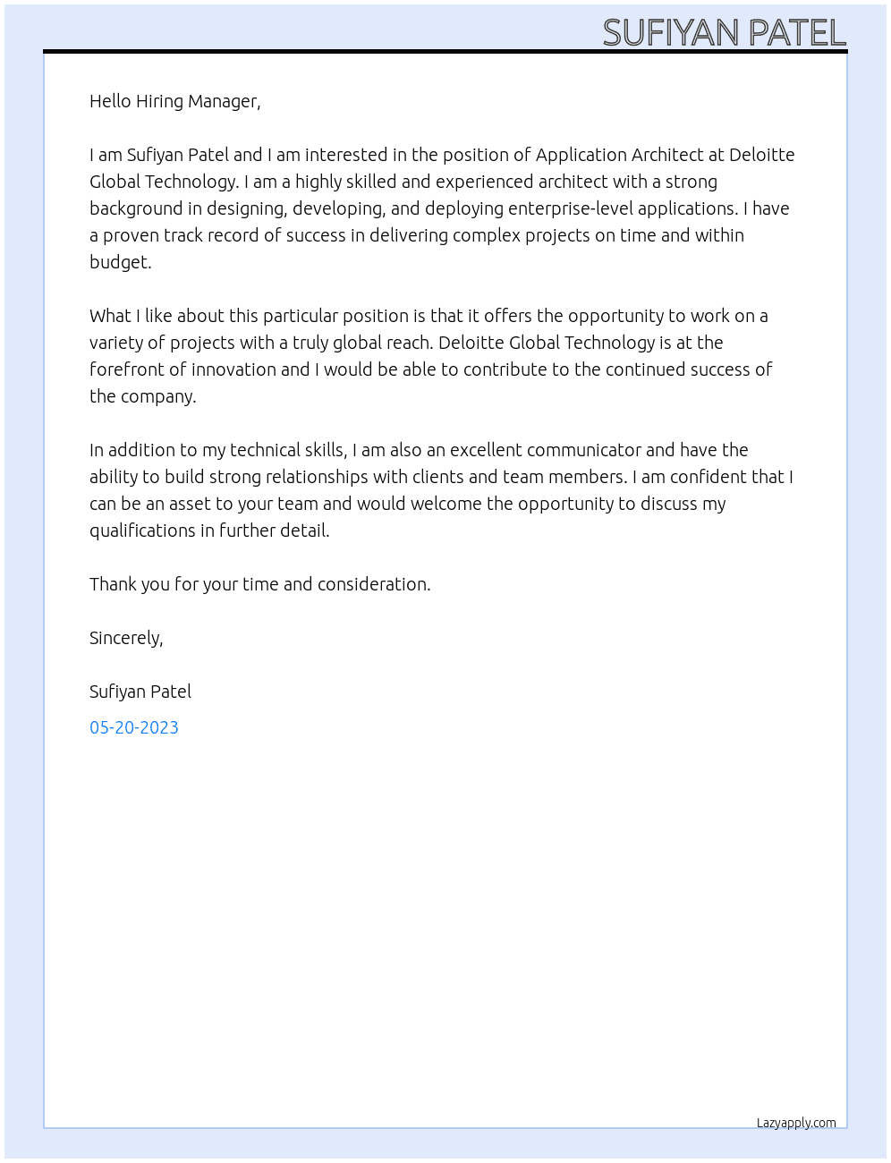 Application Architect  At Deloitte Global Technology Cover Letter