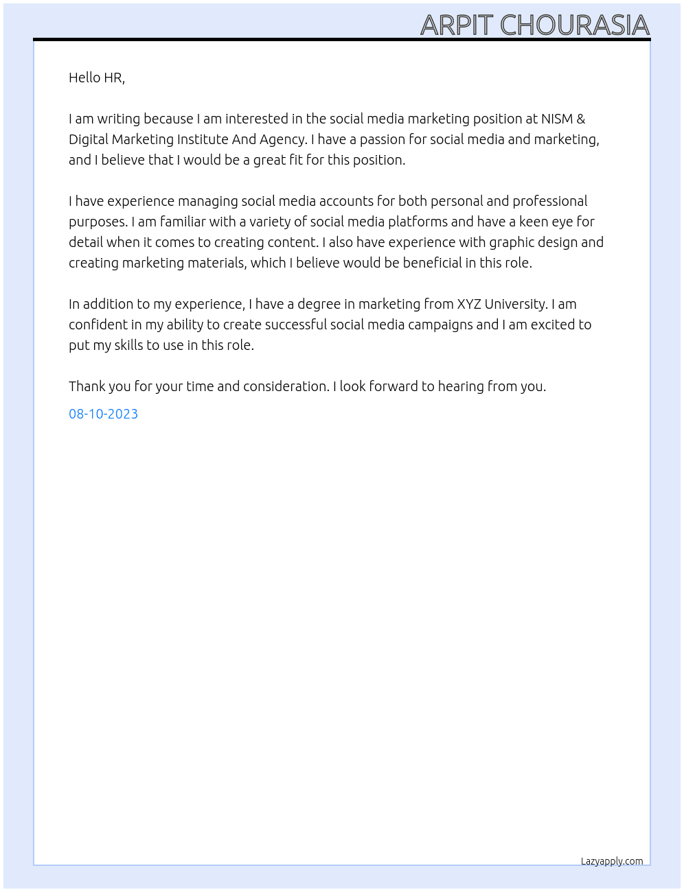 SOCIAL MEDIA MARKETING At NISM & Digital Marketing Institute And Agency Cover Letter