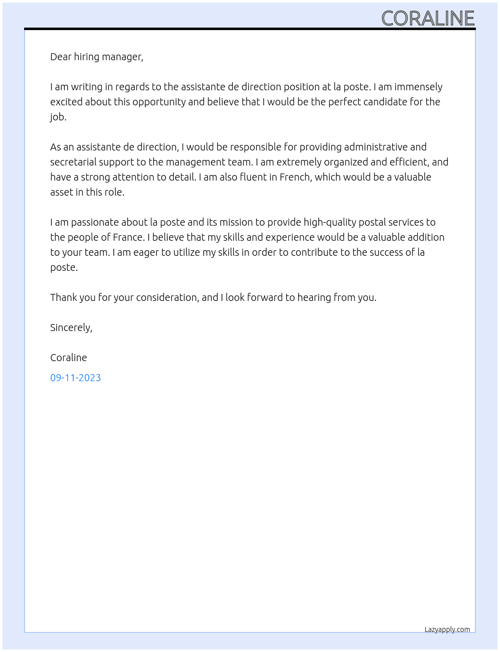 assistante de direction At la poste Cover Letter