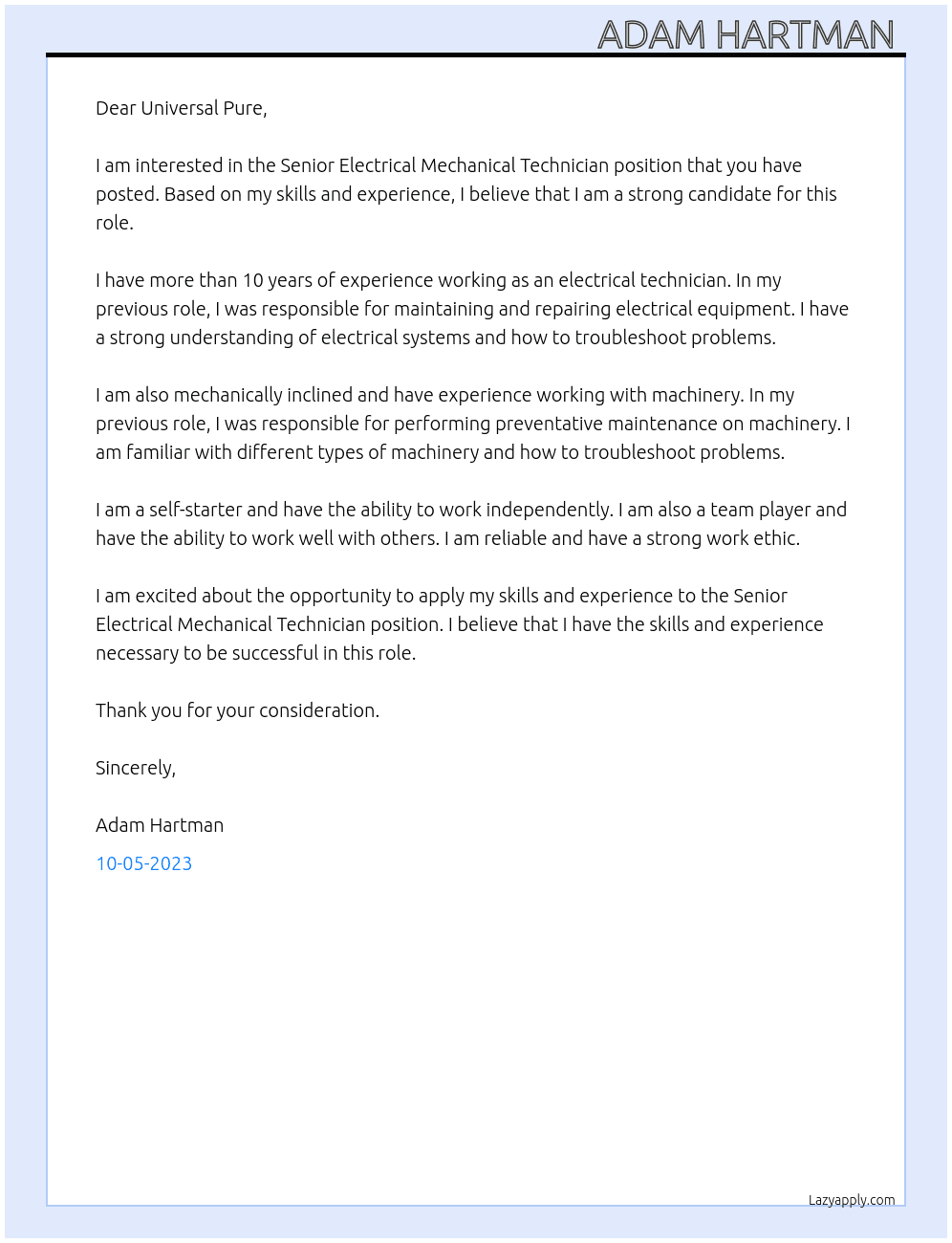 Senior Electrical Mechanical Technician At Universal Pure Cover Letter