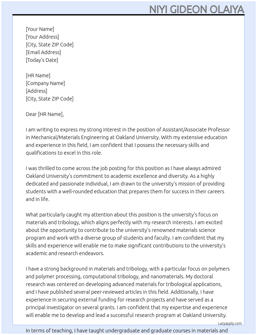 Assistant / Associate Professor mechanical/materials engineering. At Oakland University Cover Letter