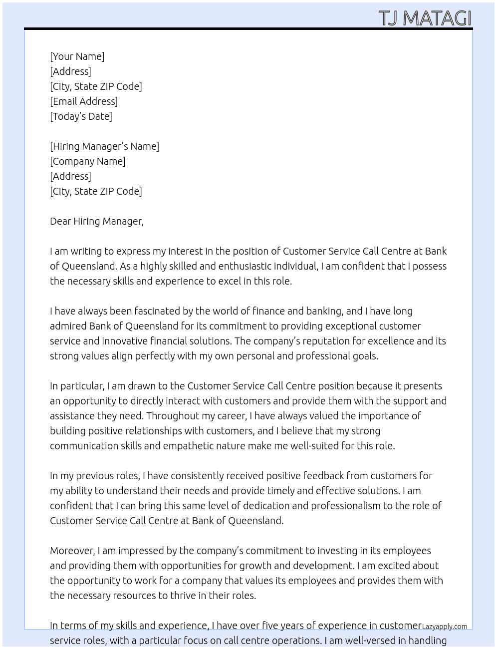 Customer service call centre At Bank of Queensland Cover Letter