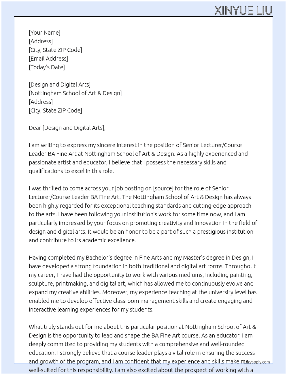 Senior Lecturer / Course Leader BA Fine Art At Nottingham School of Art & Design Cover Letter
