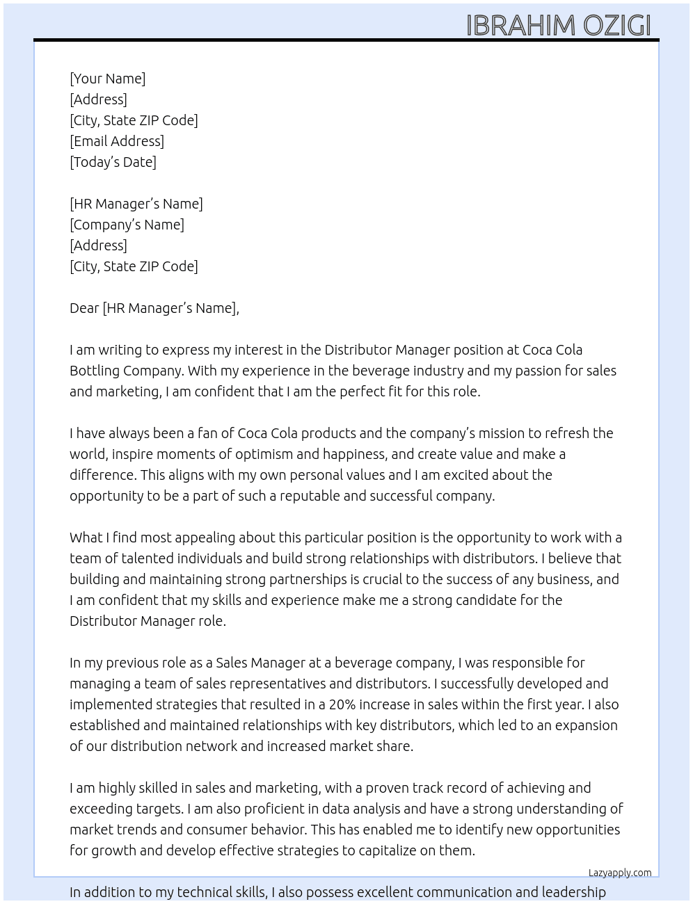 Distributor Manager  At Coca cola bottling Company  Cover Letter