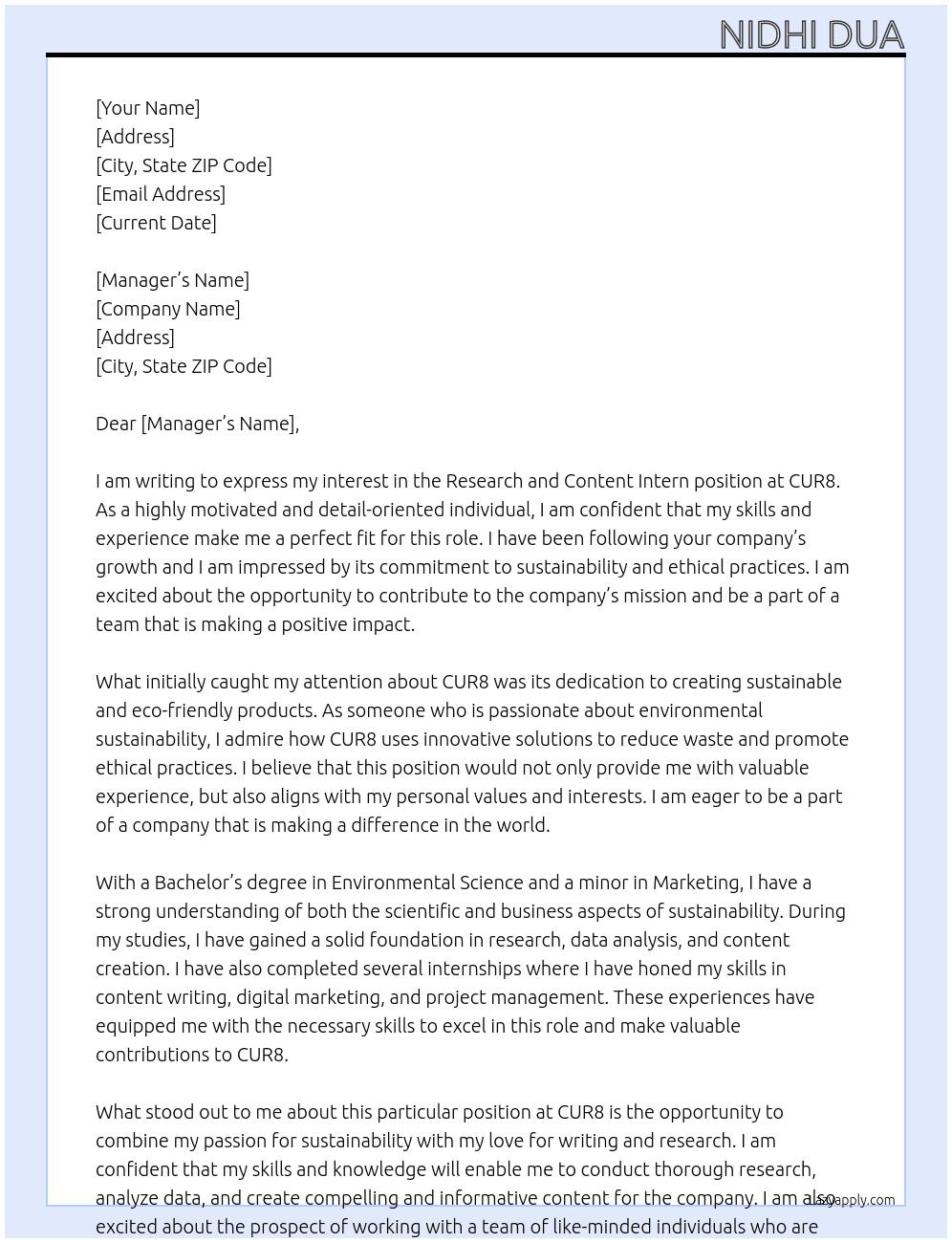 Research and Content Intern At CUR8 Cover Letter