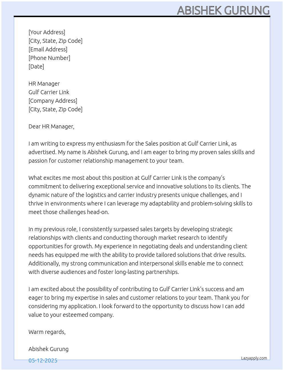Sales At Gulf carrier link Cover Letter