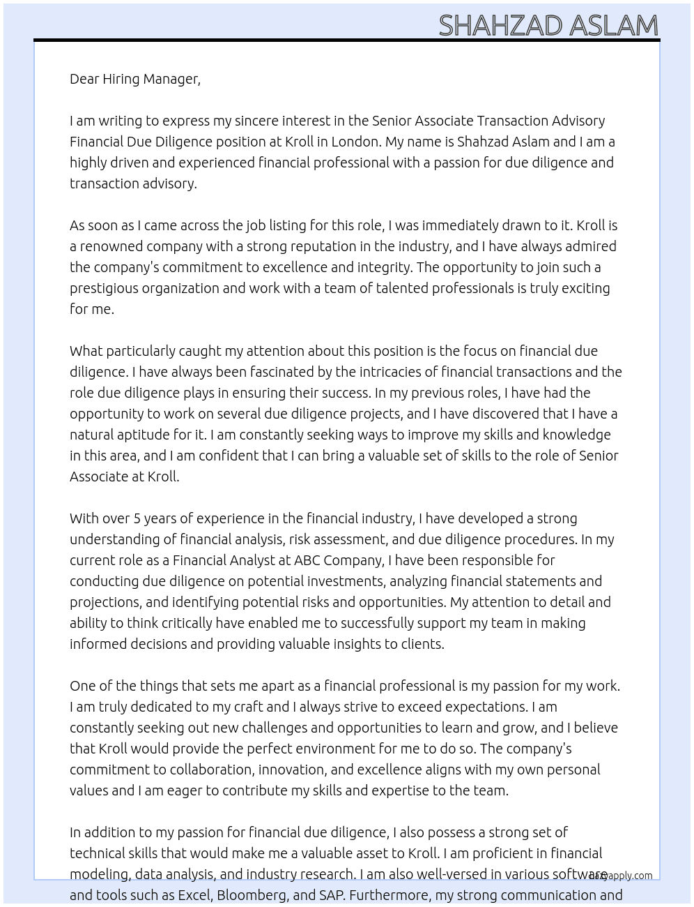 Cover letter for senior associate transaction advisory financial due diligence - LazyApply