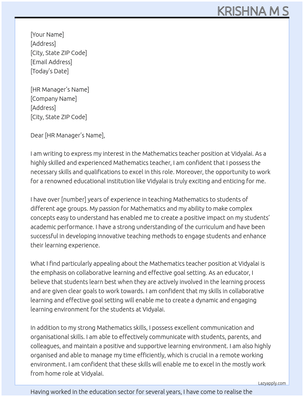 Mathematics teacher  At Vidyalai Cover Letter