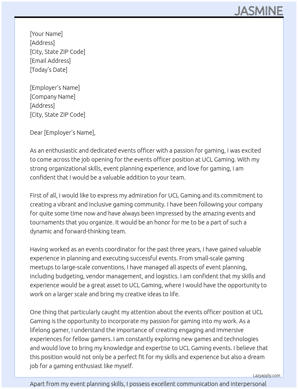 events officer At ucl gaming Cover Letter