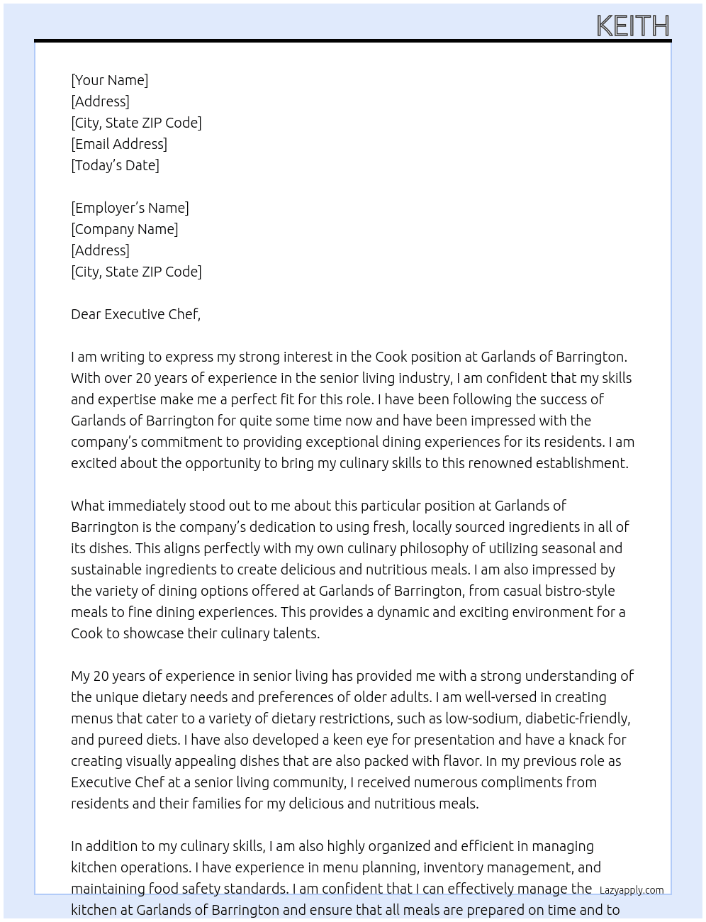 cook At Garlands of Barrington Cover Letter
