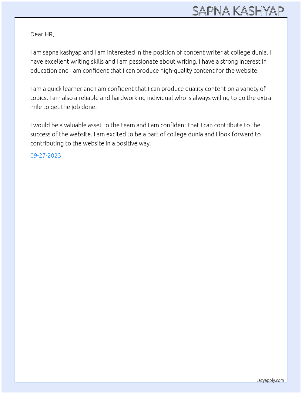 content writer At college dunia Cover Letter