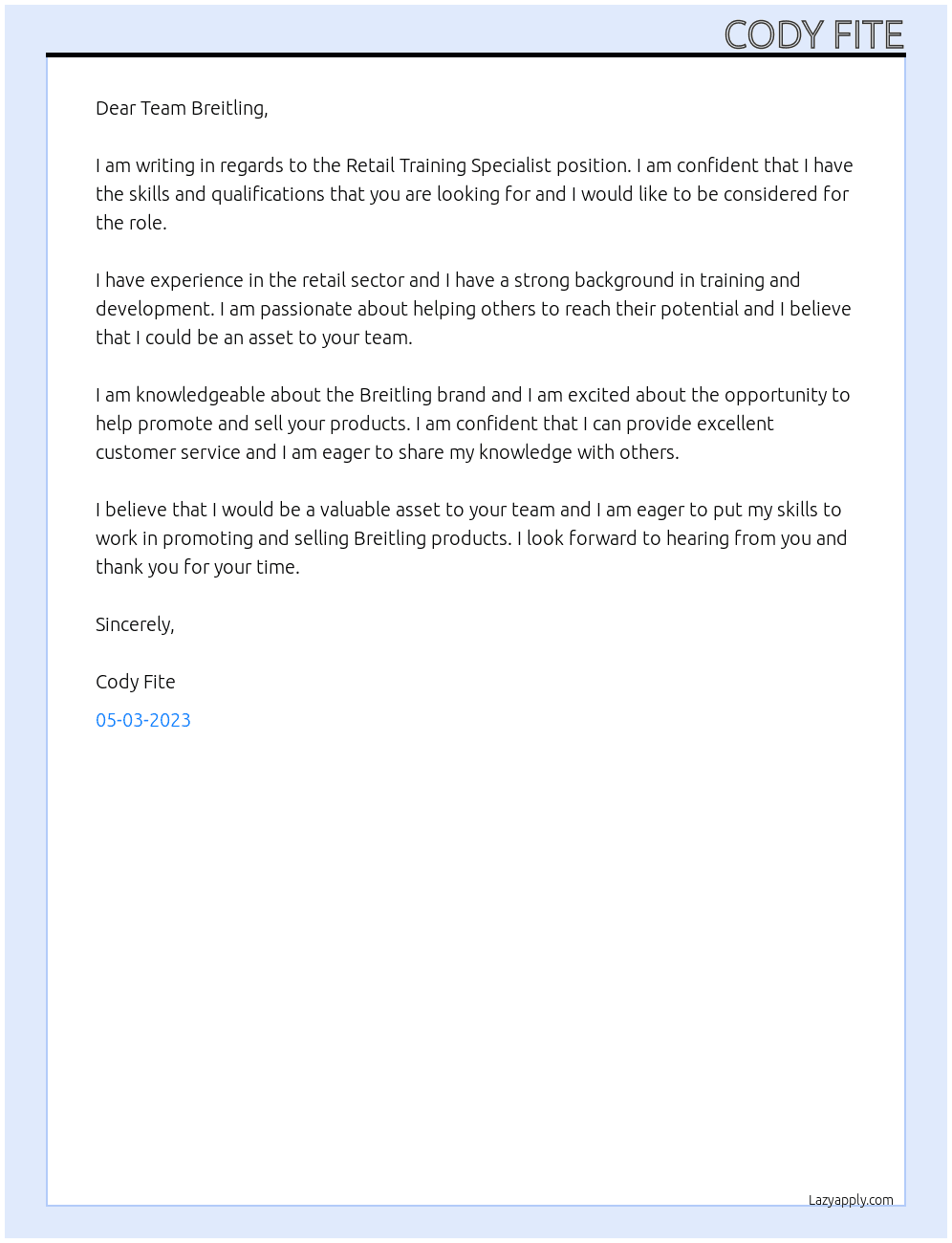 Retail Training Specialist At Breitling Cover Letter