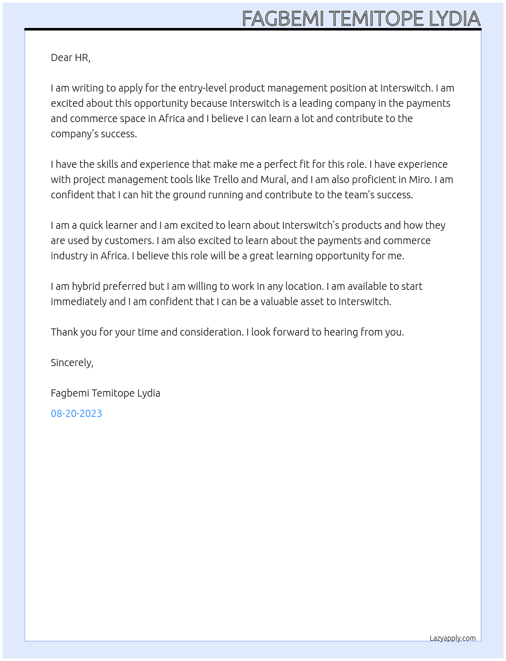 Entry product management At Interswitch Cover Letter