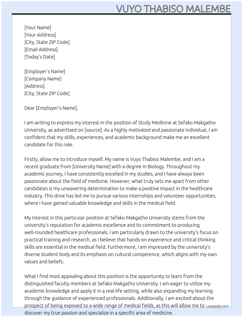 Study medicine  At My mark scores do not define me Cover Letter