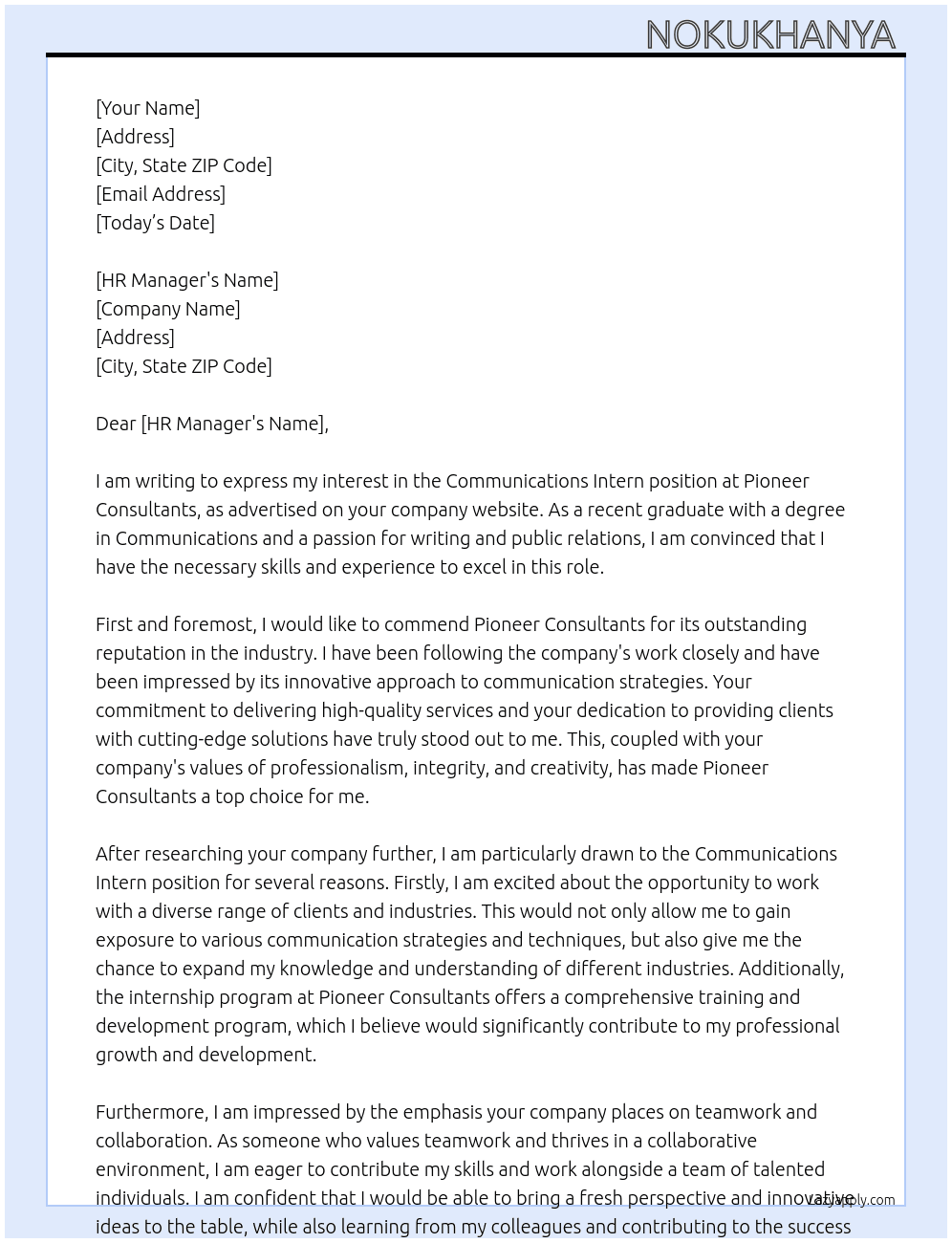 Communications Intern At Pioneer Consultants  Cover Letter