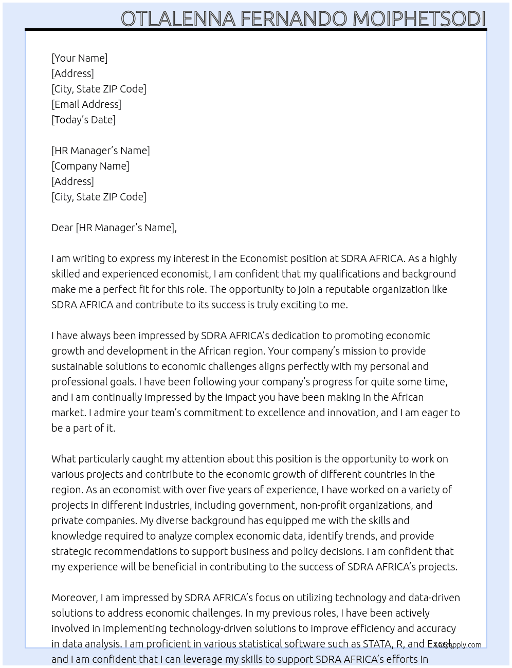 Economist At SDRA AFRICA Cover Letter