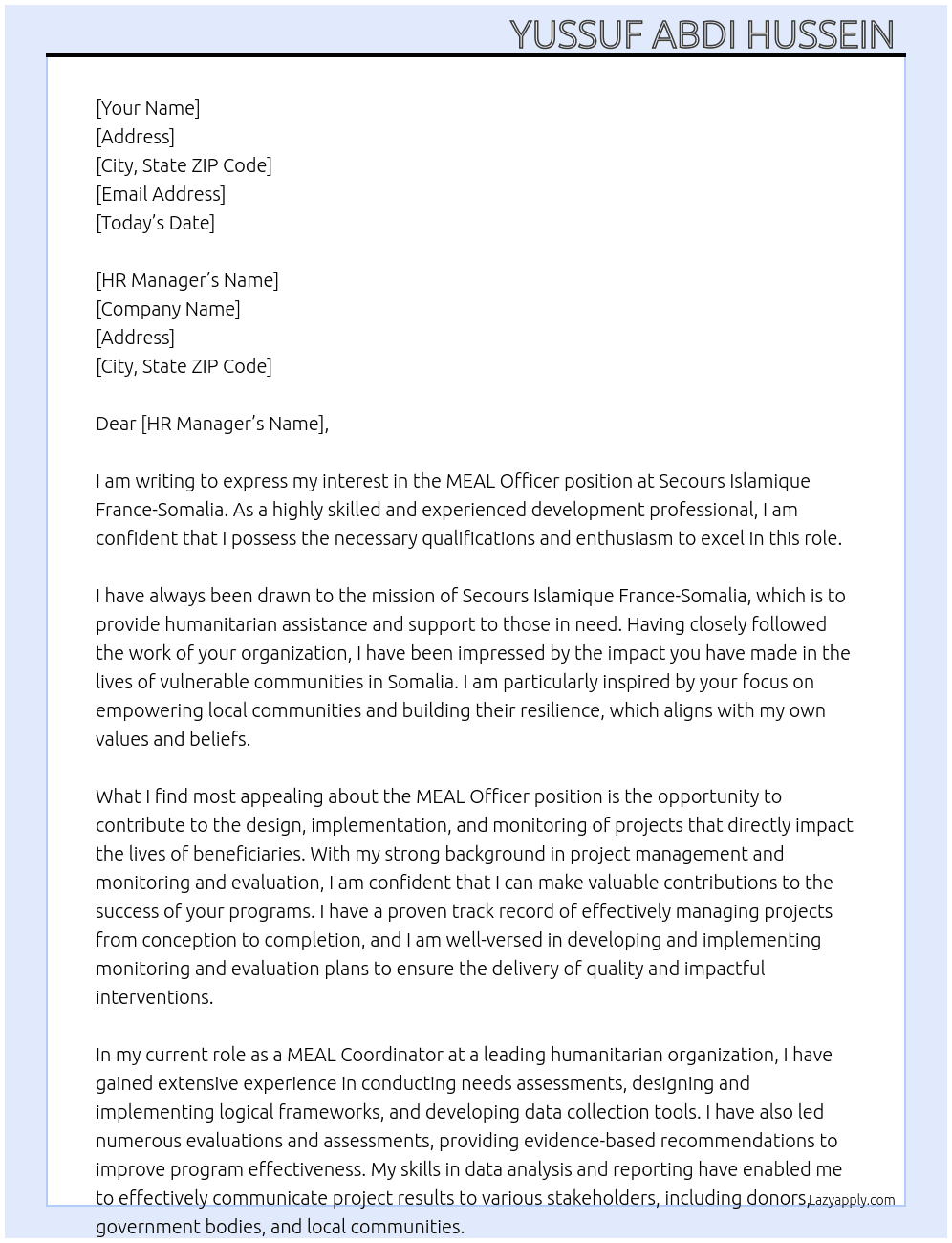 MEAL OFFICER At Secours Islamique France-Somalia Cover Letter