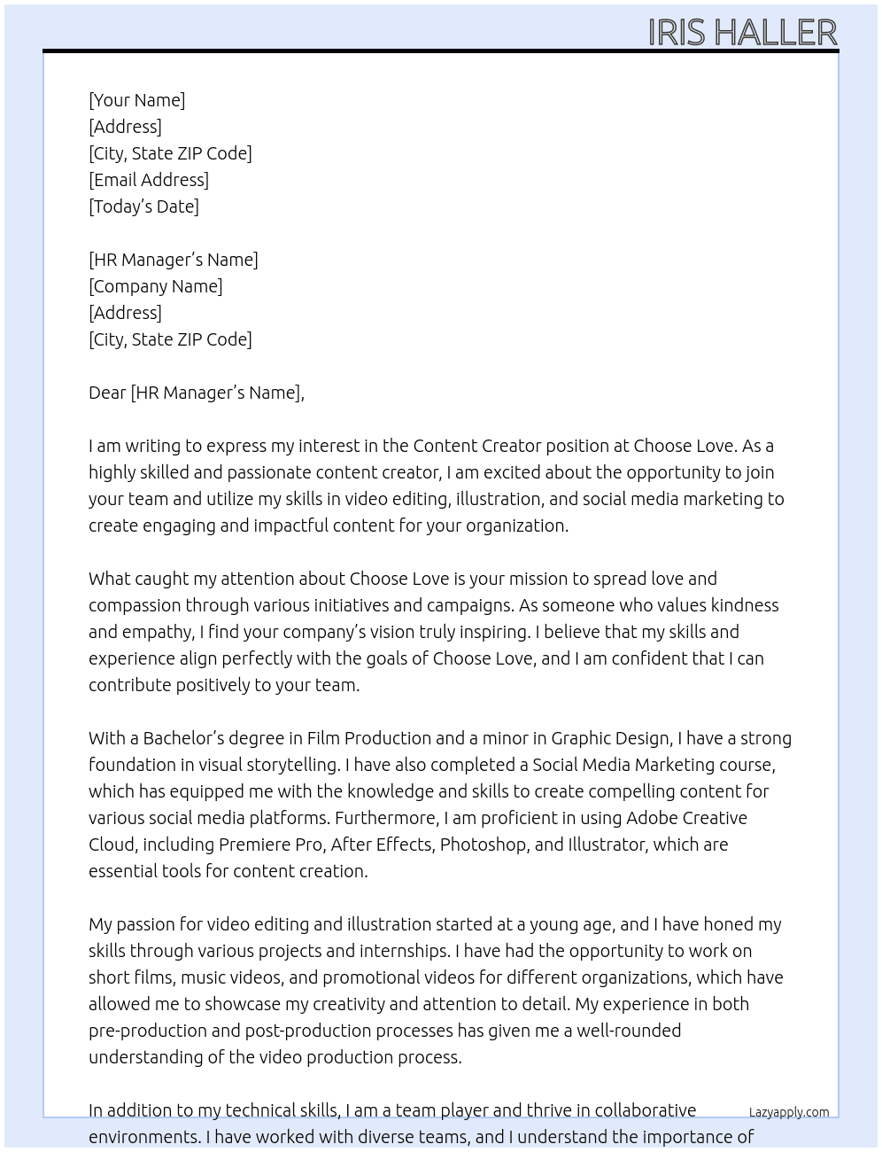 Content creator  At Choose Love  Cover Letter