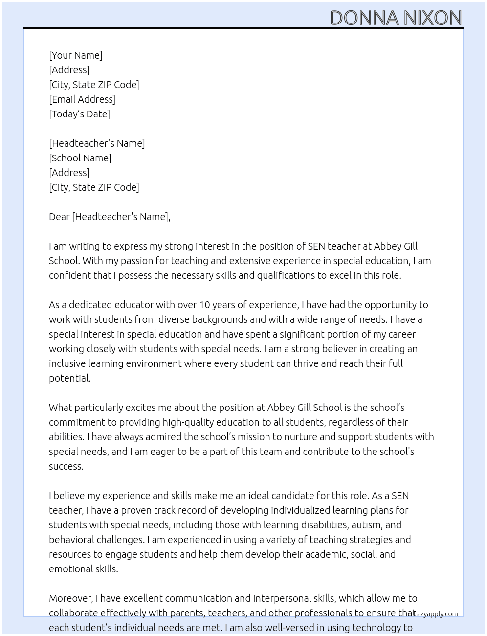 Sen teacher  At Abbey gill school  Cover Letter