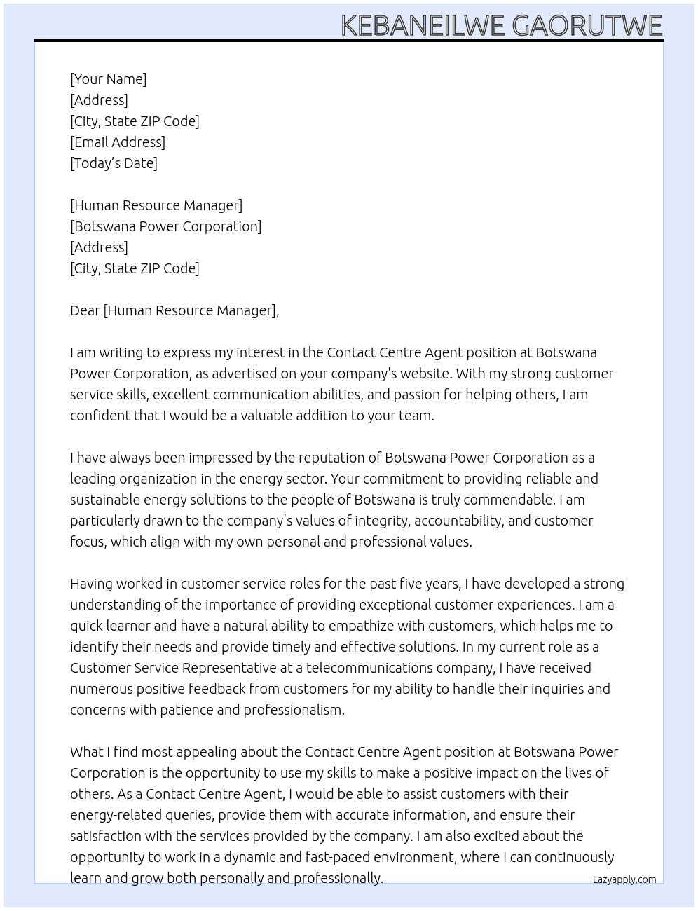 CONTACT CENTRE AGENT At BOTSWANA POWER CORPORATION Cover Letter
