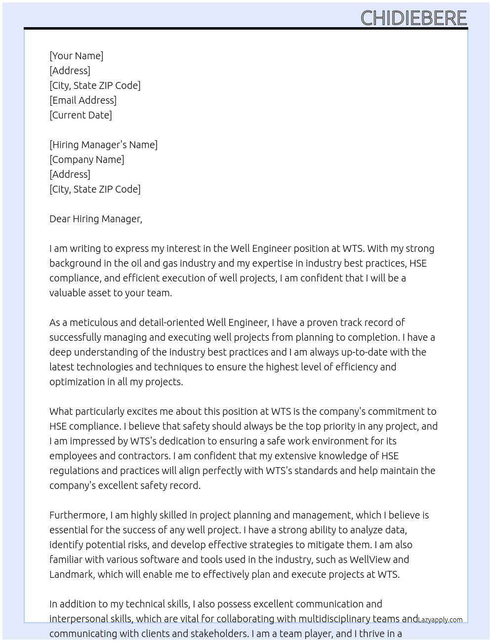 Cover letter for well engineer - LazyApply
