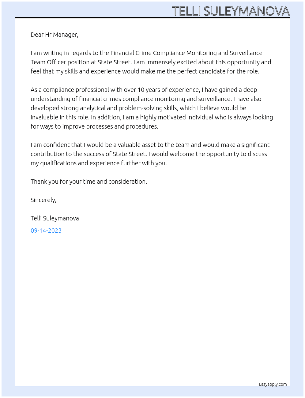 Financial Crime Compliance Monitoring and Surveillance Team, Officer At State Street Cover Letter
