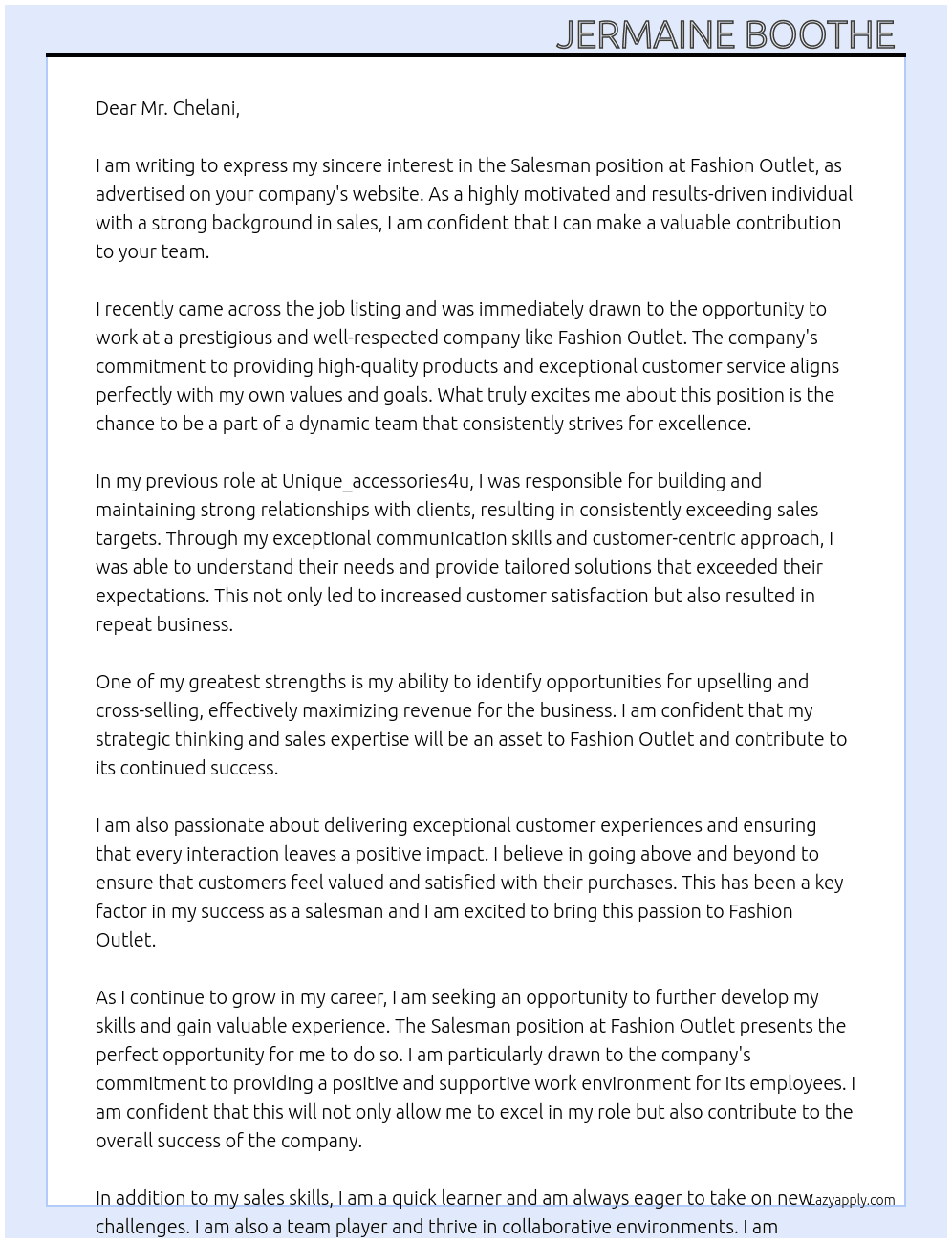 Salesman At Fashion outlet  Cover Letter