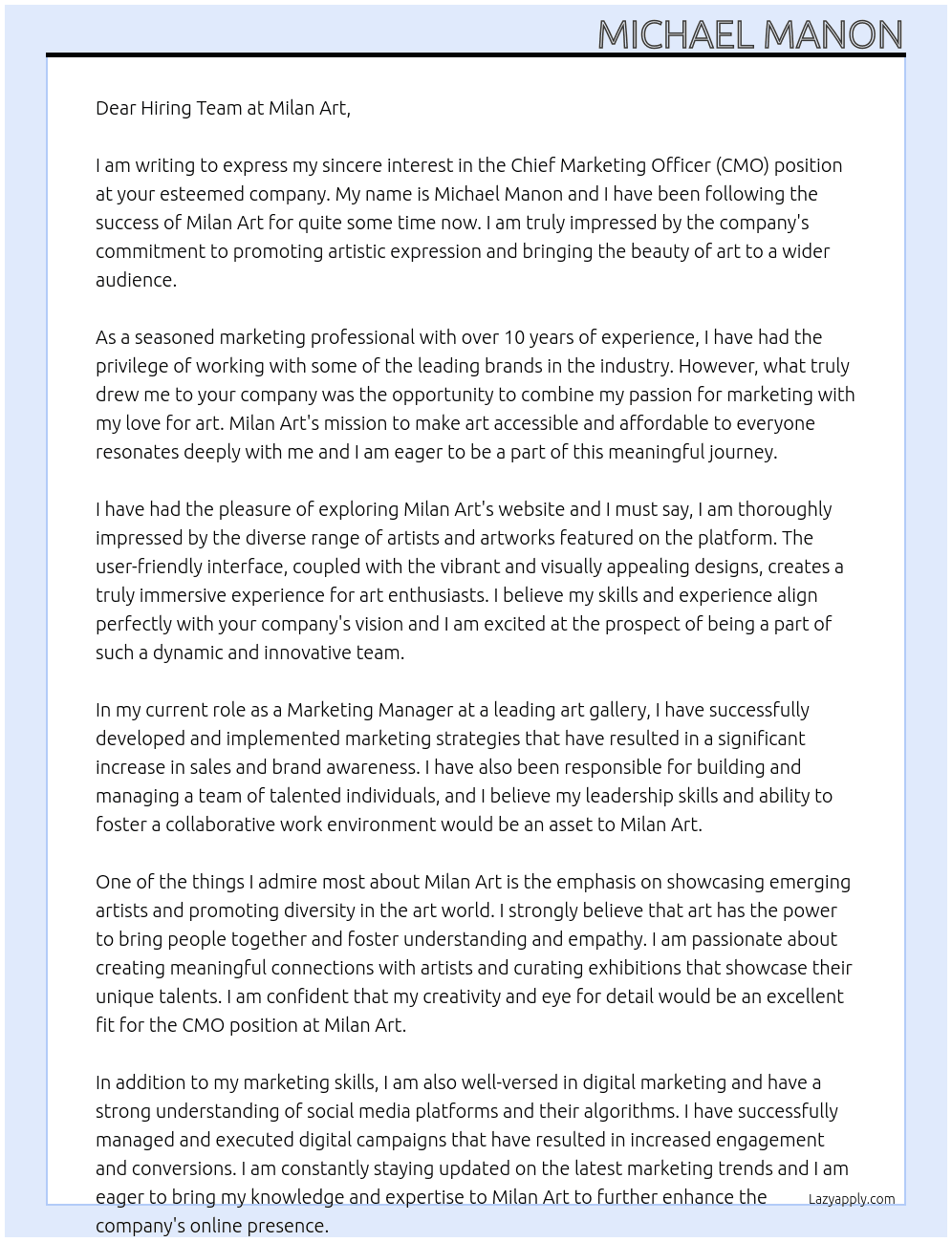 CMO At Milan Art Cover Letter