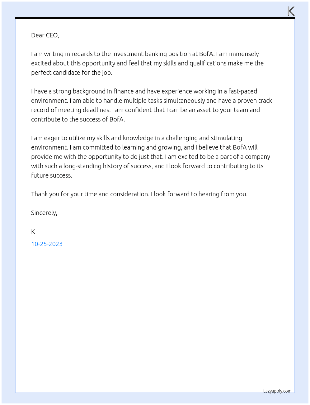 Investment banking At BofA Cover Letter