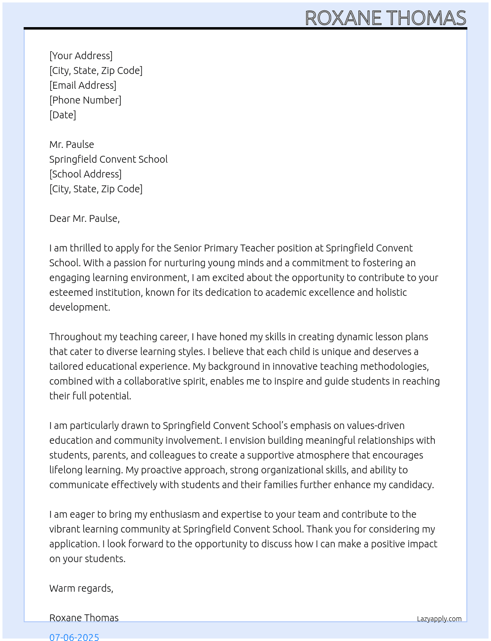 Senior Primary Teacher At Springfield Convent School Cover Letter