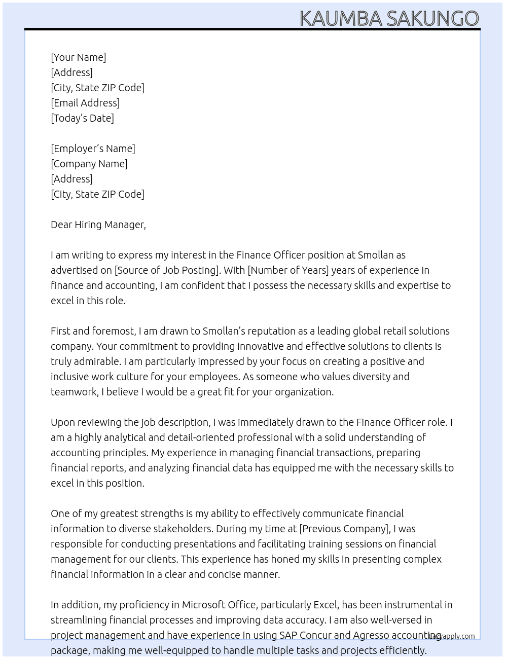 Finance Officer At Smollan Cover Letter