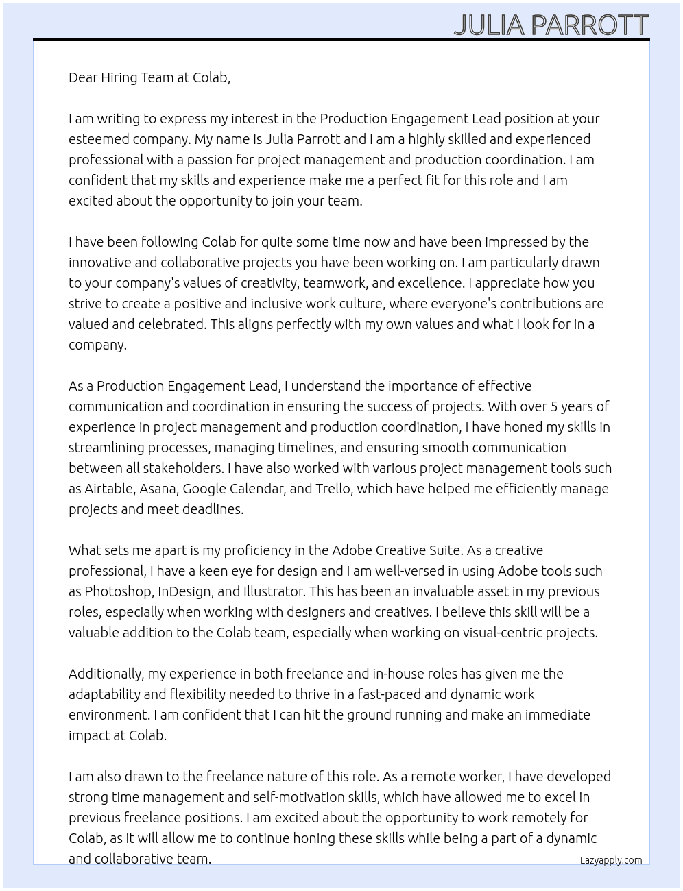 Production Engagement Lead At Colab Cover Letter