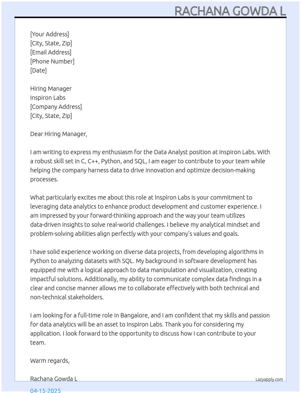 Data Analyst At Inspiron labs Cover Letter