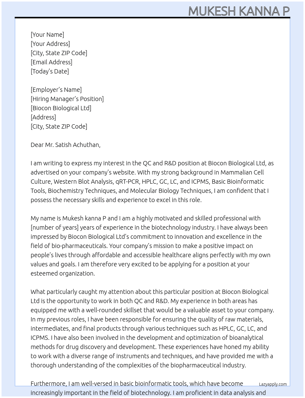 QC and R&D At Biocon Biological ltd Cover Letter