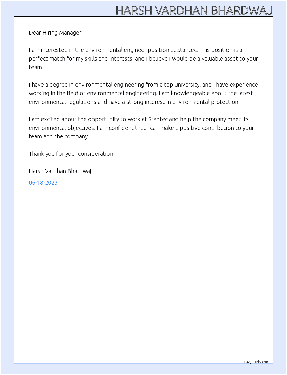 Environmental engineer At Stantec Cover Letter