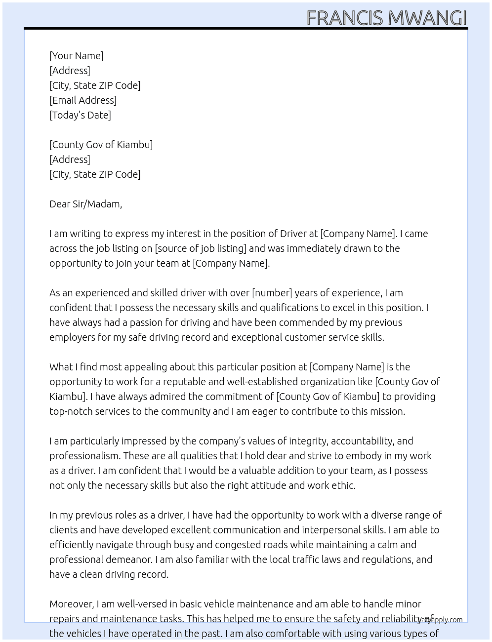 DRIVER At DRIVER Cover Letter