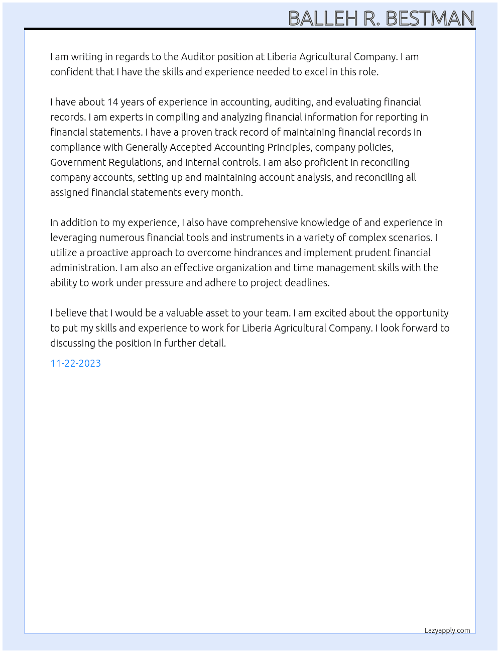Auditor At Audit Superintendent  Cover Letter