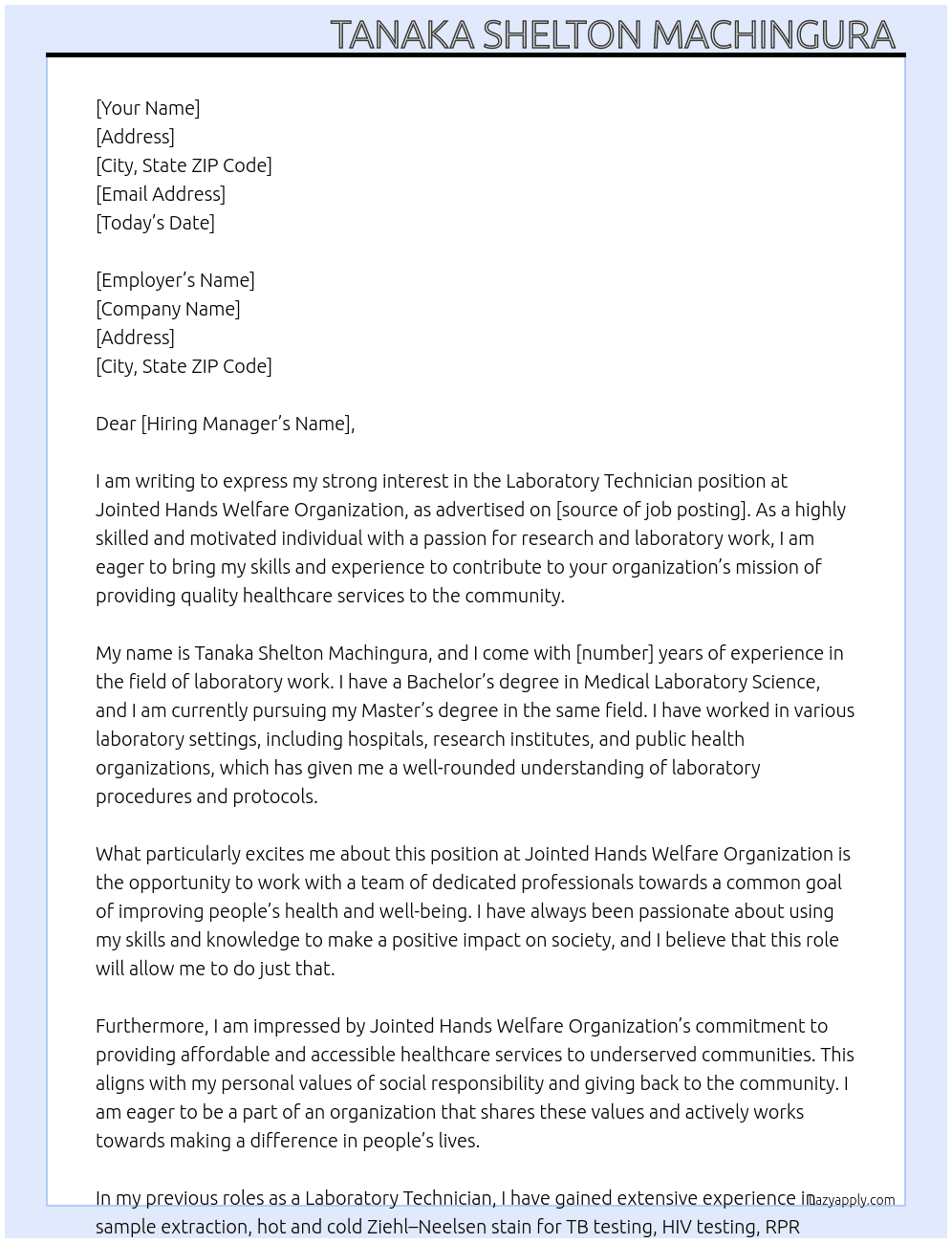 Laboratory technician  At Jointed Hands Welfare Organization Cover Letter