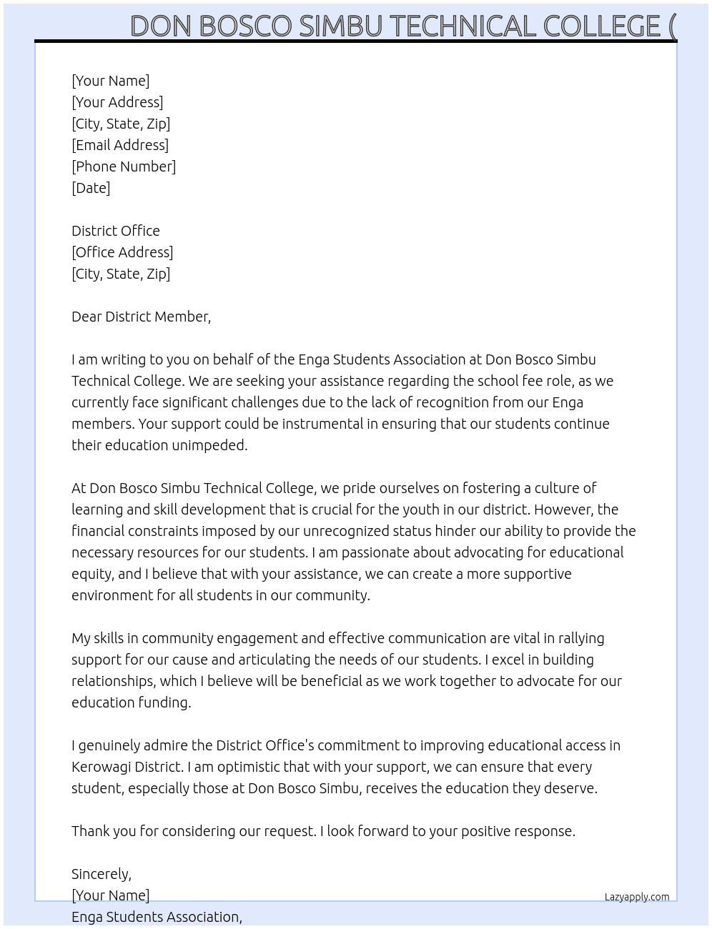 Cover letter for requesting for school free assistance - LazyApply