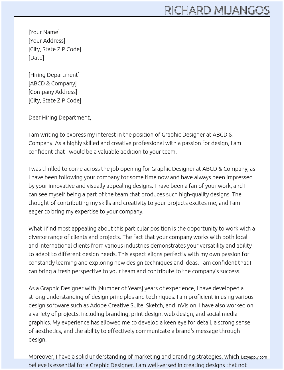 Graphic Designer At ABCD & Company Cover Letter