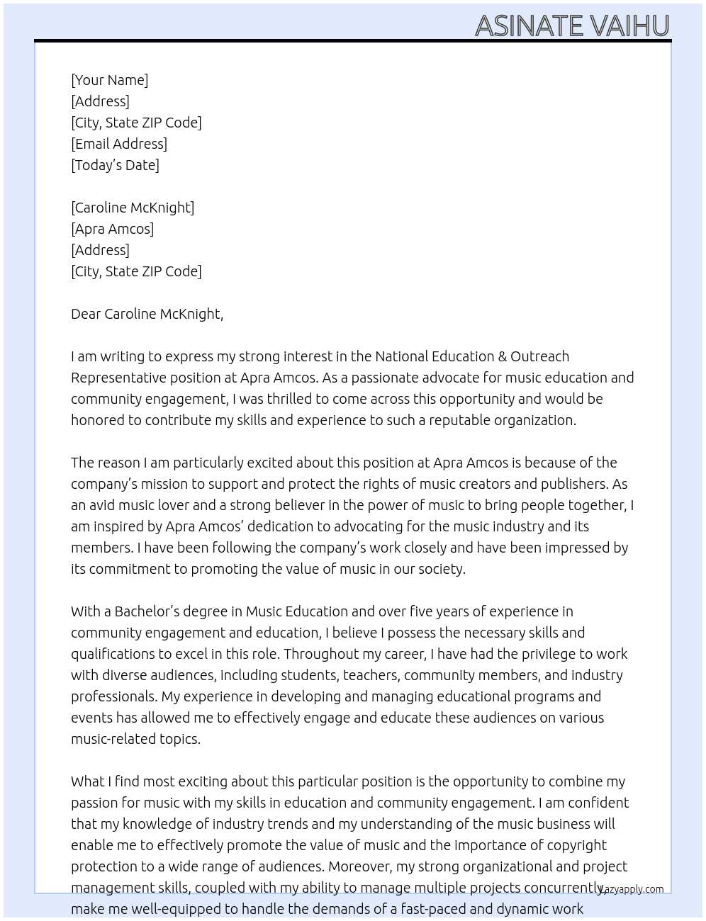 National Education & Outreach Representative At Apra Amcos Cover Letter