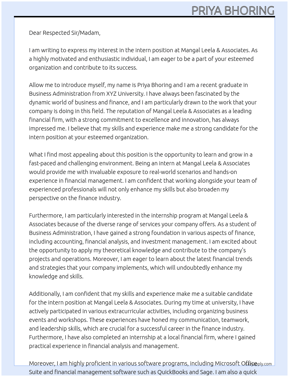 intern At mangal leela & Associates Cover Letter