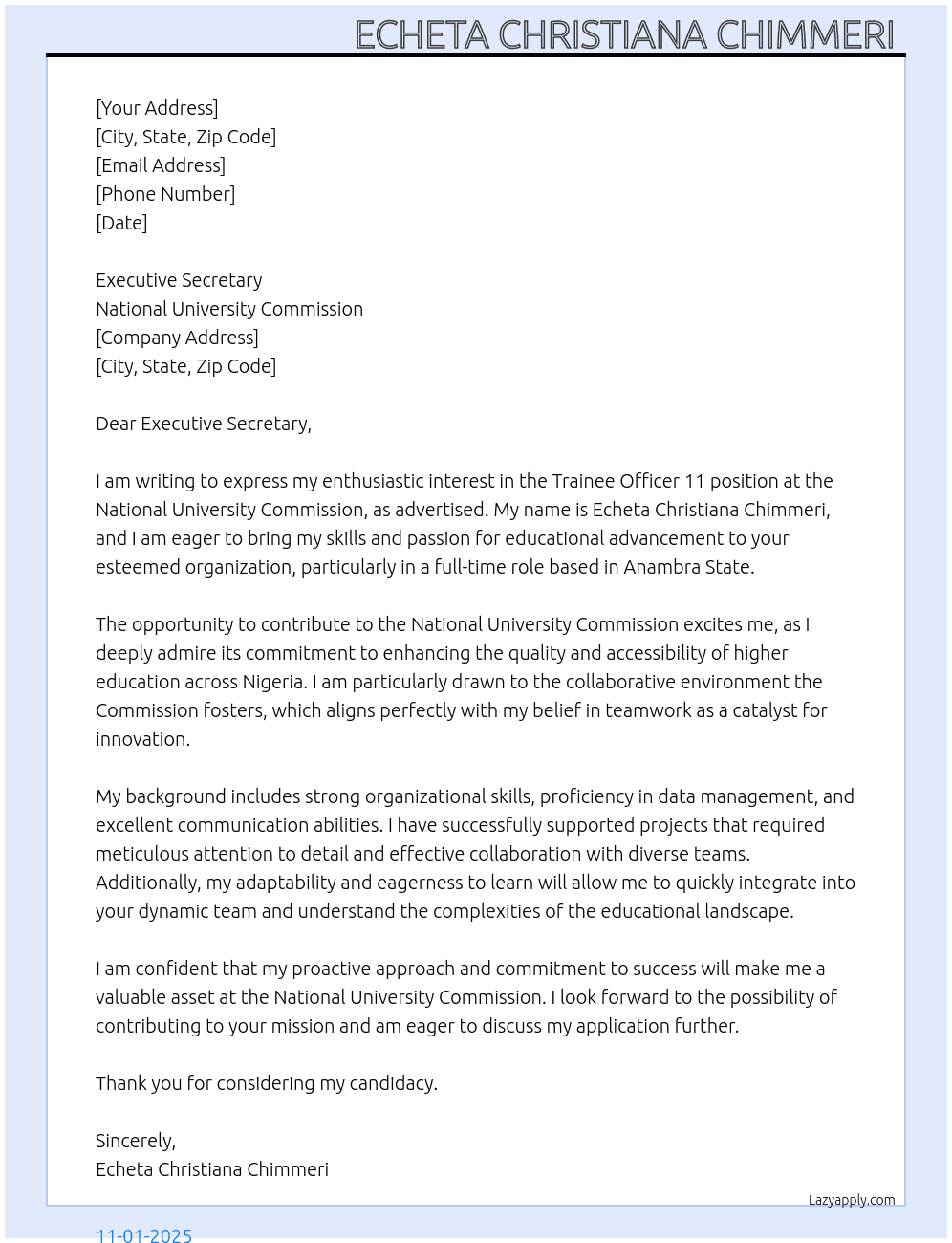 Trainee Officer 11 At National University commission  Cover Letter