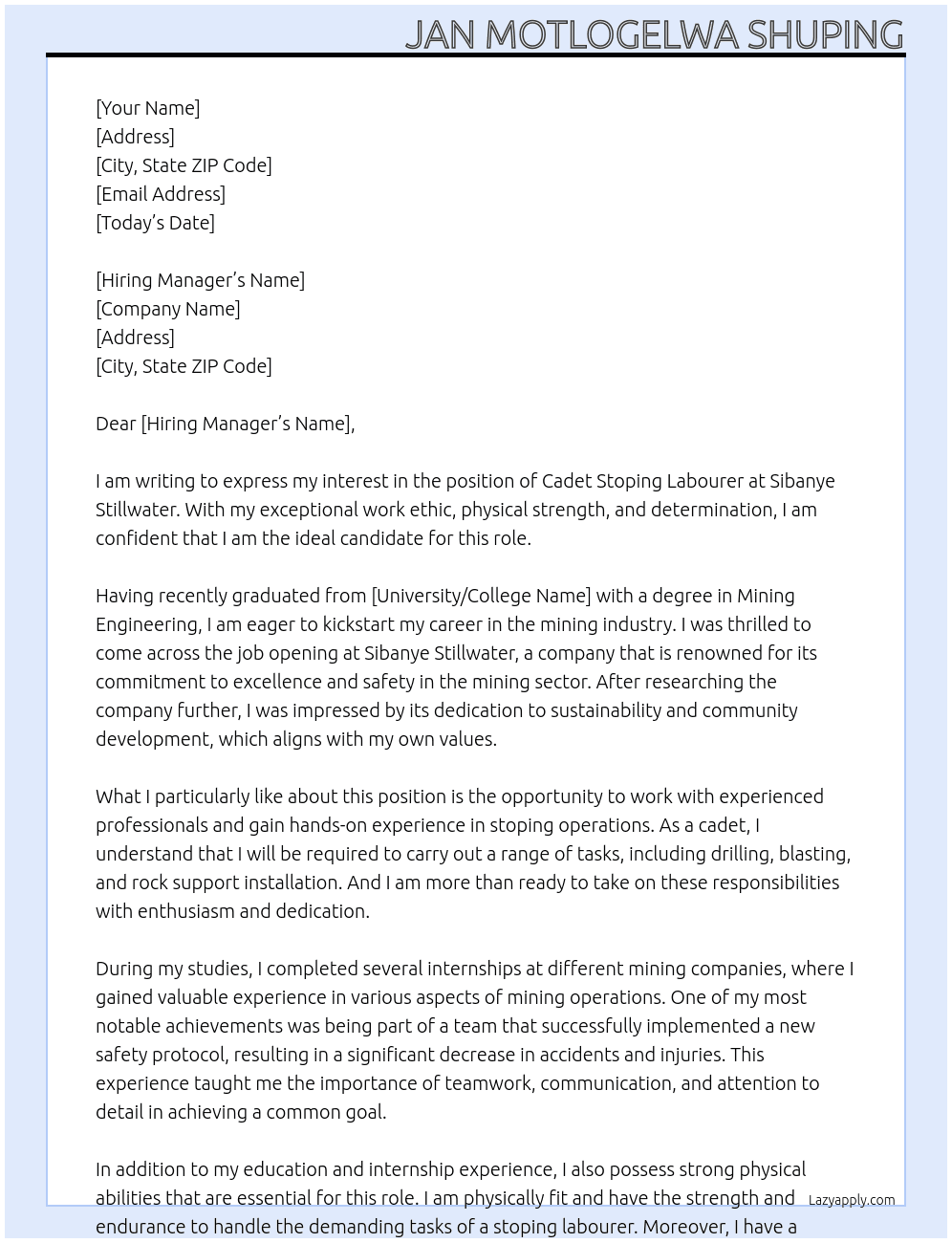 Cadet Stoping Labourer At Sibanye stillwater Cover Letter