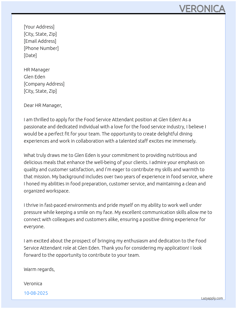 Food Service Attendant At Glen Eden  Cover Letter